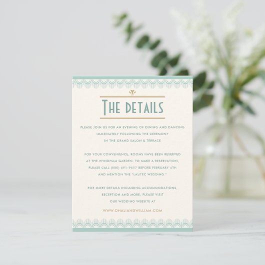 Art Deco Mint en Gold Wedding Details Informatiekaartje (Staand voorkant)