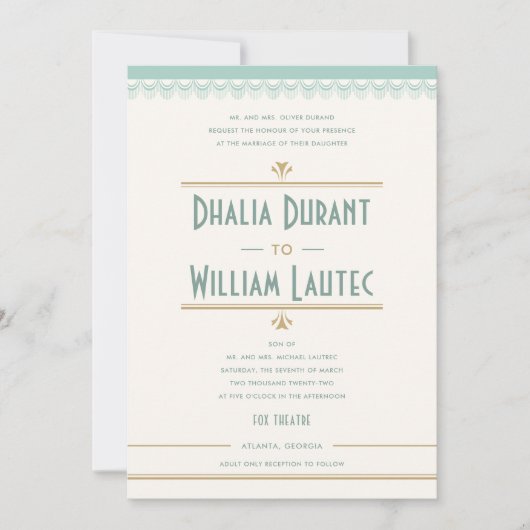 Art Deco Mint en Gold Wedding Kaart (Voorkant)