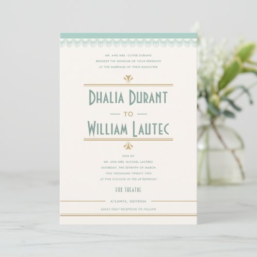 Art Deco Mint en Gold Wedding Kaart (Staand voorkant)