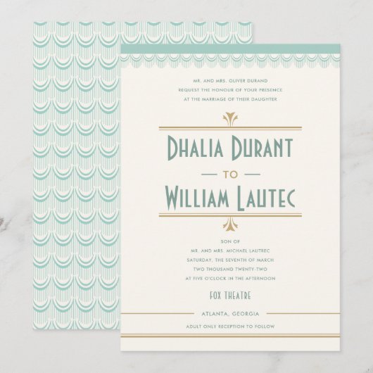 Art Deco Mint en Gold Wedding Kaart (Voorkant / Achterkant)