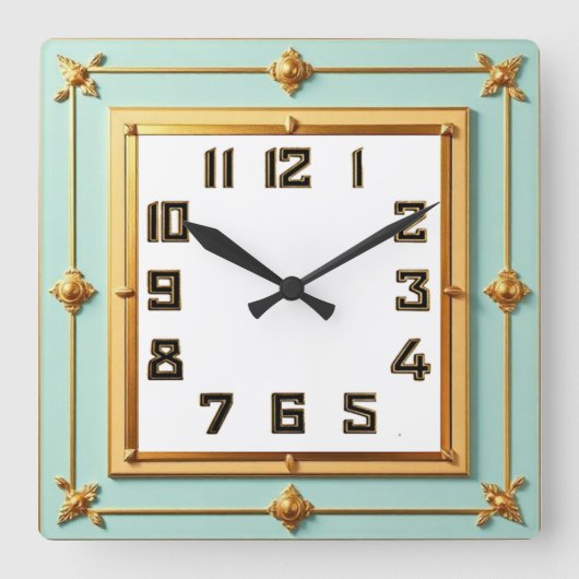 Art Deco Mint en Goud Vierkante Klok (Voorkant)