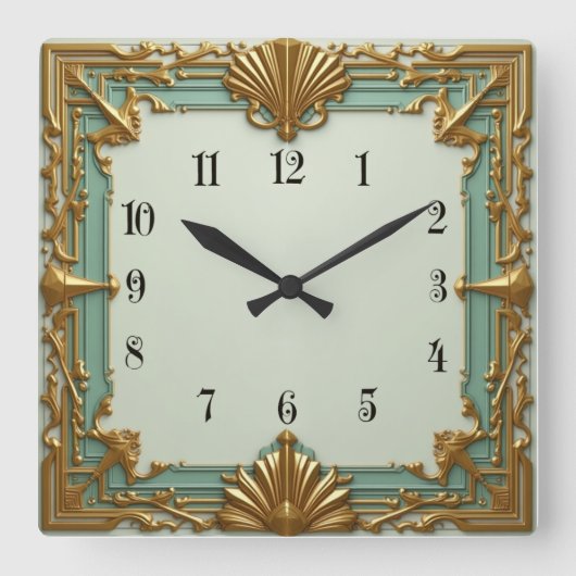 Art Deco Mint en Goud Vierkante Klok (Voorkant)