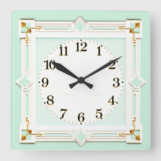 Art Deco Mint Vierkante Klok (Voorkant)