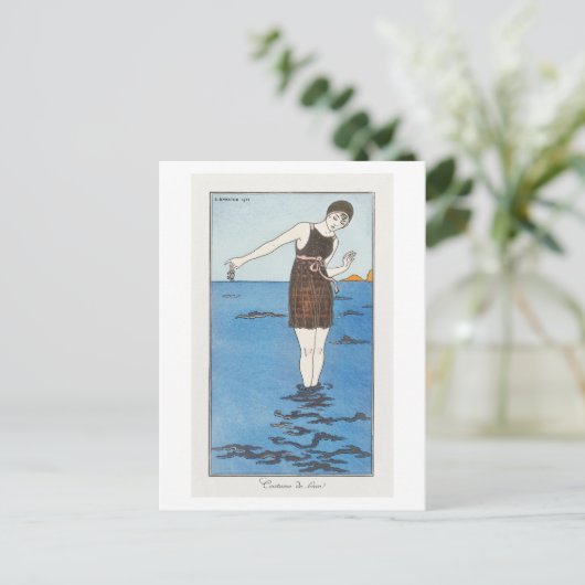 Art Deco Mode Bord van Badpak van Barbier Briefkaart (Staand voorkant)