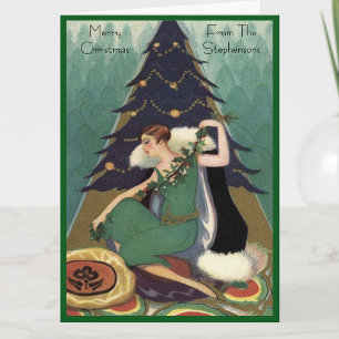 Art Deco Mode Kerstboom Retro Leeg Binnen Feestdagen Kaart