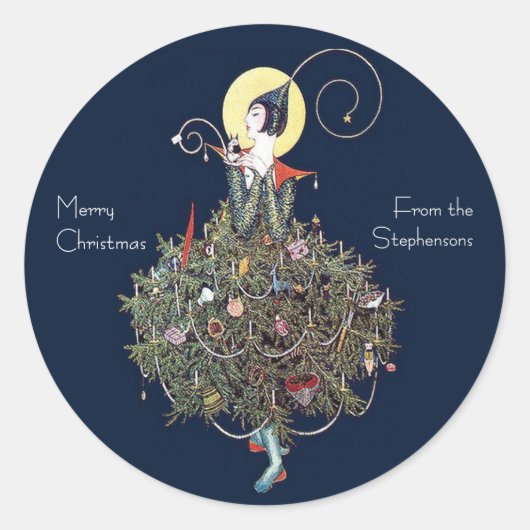 Art Deco Mode Kerstboom Retro Ronde Sticker (Voorkant)