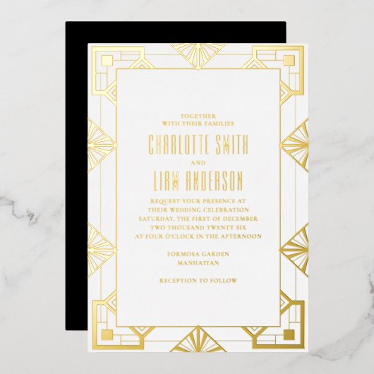 Art Deco Modern Gold Foil geperste Floral Wedding Folie Uitnodiging (Voorkant / Achterkant)