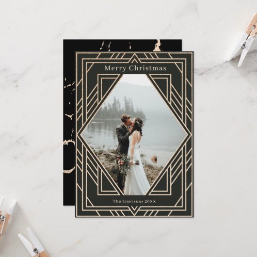 Art Deco Modern Golden kerstfotodesign Kaart (Voorkant / Achterkant in situ)
