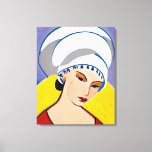 Art Deco Modern Lady in een tulband Canvas Afdruk<br><div class="desc">Canvas in een modern,  semi-abstract,  Art Deco geïnspireerd portret van een dame in het rood met een witte tulband,  tegen een gele en blauw-grijze achtergrond</div>