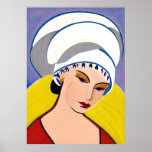 Art Deco Modern Lady in een tulband Poster<br><div class="desc">Poster in een modern,  semi-abstract,  Art Deco geïnspireerd portret van een dame in het rood met een witte tulband,  tegen een geel en blauw-grijze achtergrond</div>