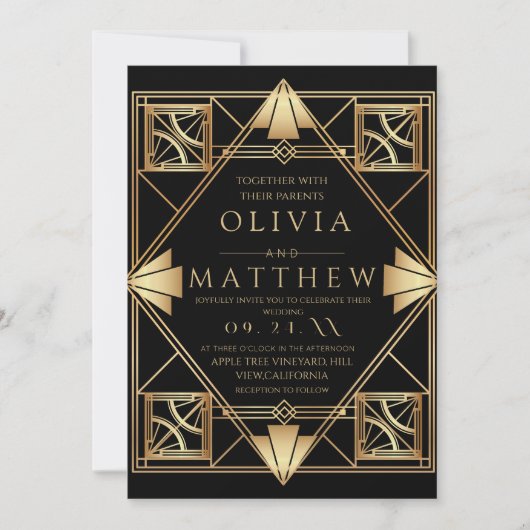 Art Deco Modern Zwart en Goud Geometrische bruilof Kaart (Voorkant)