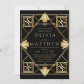 Art Deco Modern Zwart en Gouden Geometrisch Huweli Kaart (Voorkant)