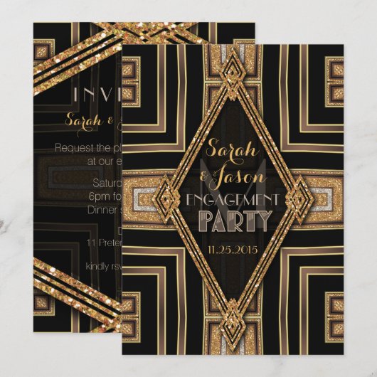 Art Deco Modern Zwart Goud Verlovingsfeest Kaart (Voorkant / Achterkant)