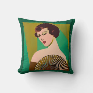 Art Deco Moderne Dame met een Fan Kussen