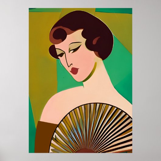 Art Deco Moderne Dame met een Fan Poster (Voorkant)