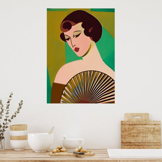 Art Deco Moderne Dame met een Fan Poster (Keuken)
