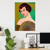 Art Deco Moderne Dame met een Fan Poster (Thuiskantoor)