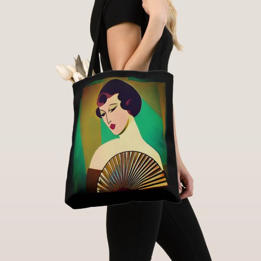 Art Deco Moderne Dame met een Fan Tote Bag (Dichtbij)