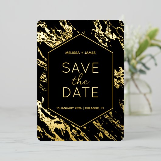 Art Deco Moderne Hexagon bruiloft Save the Date Folie Uitnodiging (Staand Voorkant)