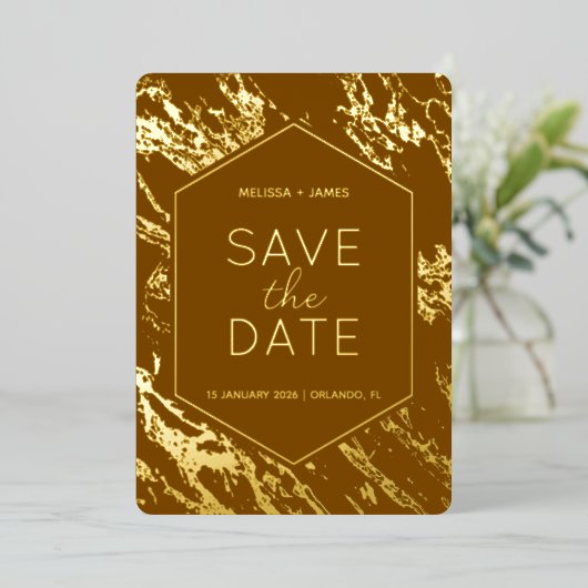 Art Deco Moderne Hexagon bruiloft Save the Date Folie Uitnodiging (Staand Voorkant)
