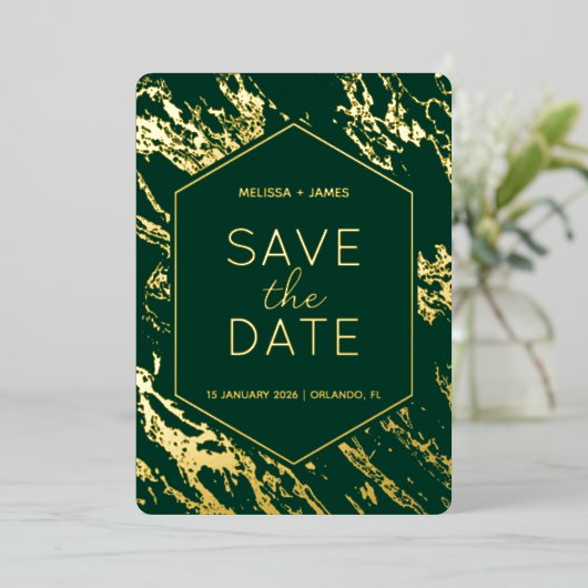 Art Deco Moderne Hexagon bruiloft Save the Date Folie Uitnodiging (Staand Voorkant)