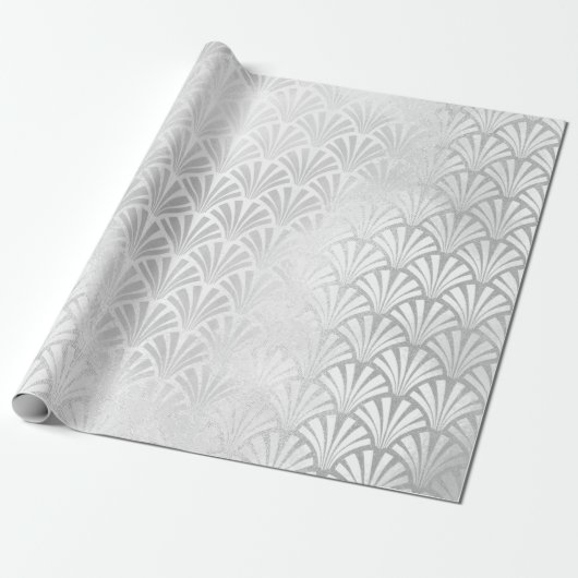 Art Deco Monochrom Silver Grey Scales Seashells Cadeaupapier (Uitgerold)