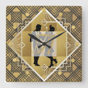 Art Deco Monogram Flapper Couple Passen getrouwd D Vierkante Klok
