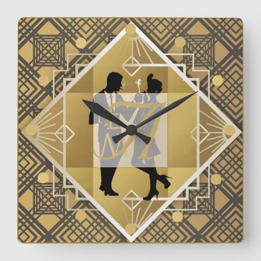 Art Deco Monogram Flapper Couple Passen getrouwd D Vierkante Klok (Voorkant)