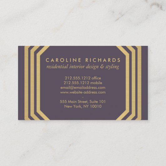 Art Deco Monogram Gold/Paars Visitekaartje (Achterkant)