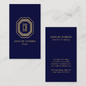 Art Deco Monogram Goud/Navy Verticaal Visitekaartje (Voorkant / Achterkant)
