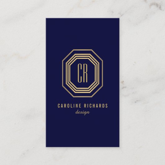 Art Deco Monogram Goud/Navy Verticaal Visitekaartje (Voorkant)