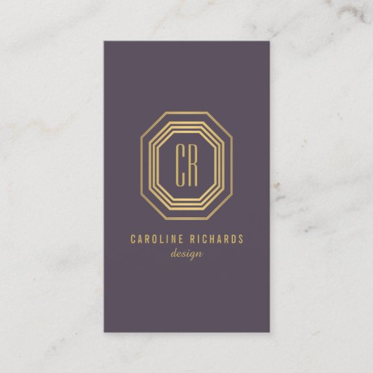 Art Deco Monogram Goud/Paarse Verticaal Visitekaartje (Voorkant)