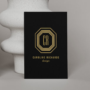 Art Deco Monogram Goud/Zwart Verticaal Visitekaartje