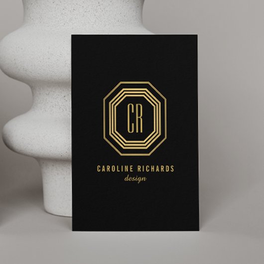  Art Deco Monogram Goud/Zwart Verticaal Visitekaartje