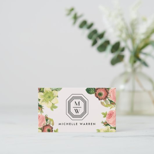 Art Deco Monogram met  bloemen op Tan Visitekaartje (Staand voorkant)