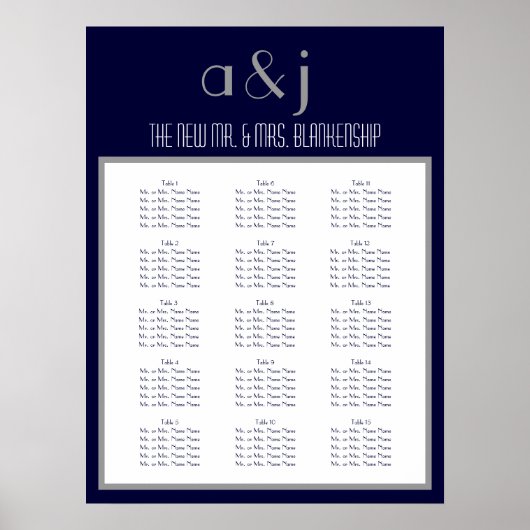 Art Deco Monogram Wedding 150 Gast Seating Chart Poster (Voorkant)