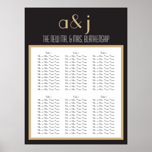 Art Deco Monogram Wedding Seating Chart 2 Poster (Voorkant)