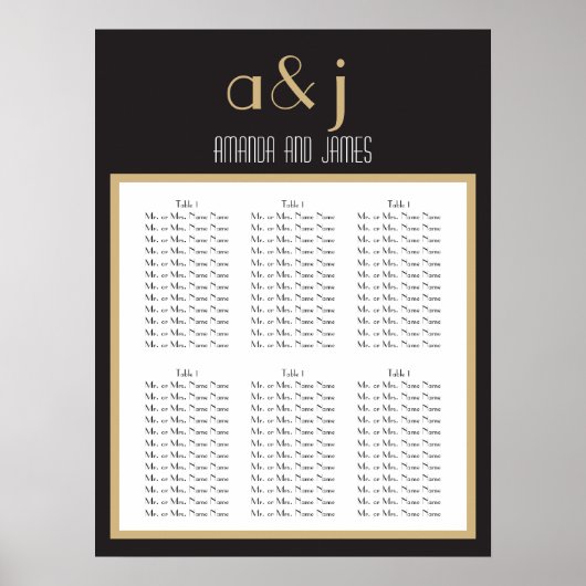 Art Deco Monogram Wedding Seating Chart Poster (Voorkant)