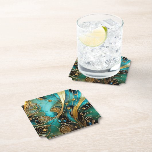 Art Deco Mooie Goud Turquoise Zwart Kartonnen Onderzetters (Insitu)