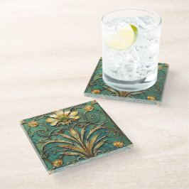 Art Deco Mooie Lelie Turquoise Groen Goud Glazen Onderzetter