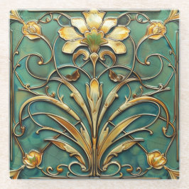 Art Deco Mooie Lelie Turquoise Groen Goud Glazen Onderzetter