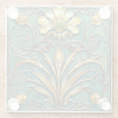 Art Deco Mooie Lelie Turquoise Groen Goud Glazen Onderzetter (Achterkant)