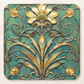 Art Deco Mooie Lelie Turquoise Groen Goud Kartonnen Onderzetters (Voorkant)