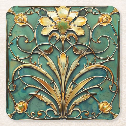 Art Deco Mooie Lelie Turquoise Groen Goud Kartonnen Onderzetters (Voorkant)