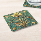 Art Deco Mooie Lily Turquoise Groen Goud Kartonnen Onderzetters (Schuin)