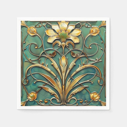 Art Deco Mooie Lily Turquoise Groen Goud Servet (Voorkant)