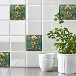 Art Deco Mooie Lily Turquoise Groen Goud Tegeltje