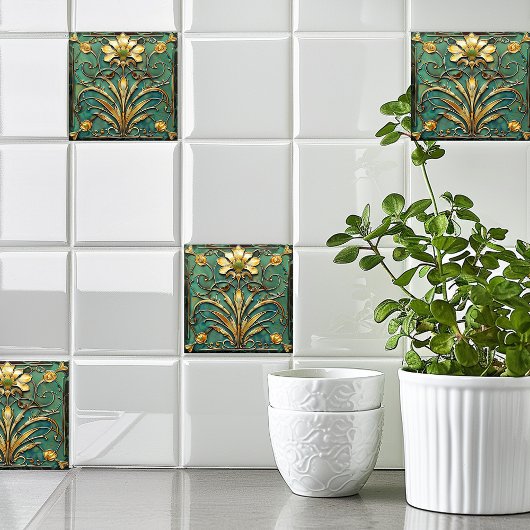 Art Deco Mooie Lily Turquoise Groen Goud Tegeltje