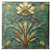 Art Deco Mooie Lily Turquoise Groen Goud Tegeltje (Voorkant)