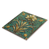 Art Deco Mooie Lily Turquoise Groen Goud Tegeltje (Zijkant)
